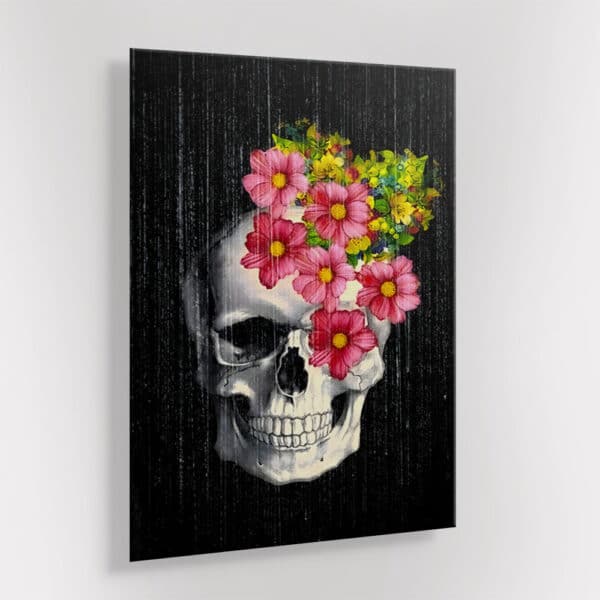 schedel met bloemen op glas schilderij